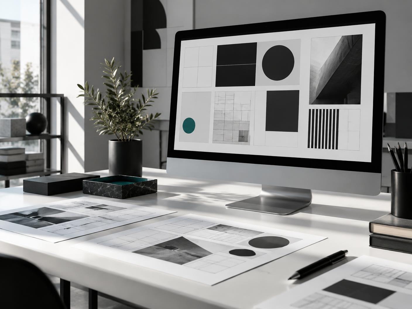 Illustrative design desk with abstract layouts on a screen