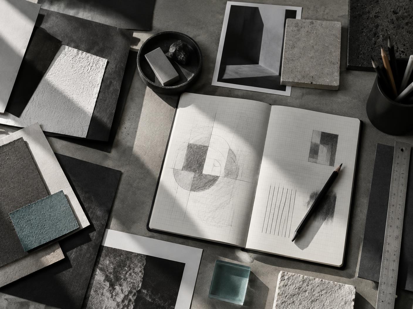 Illustrative view of a design workspace with paper, sketches and material samples